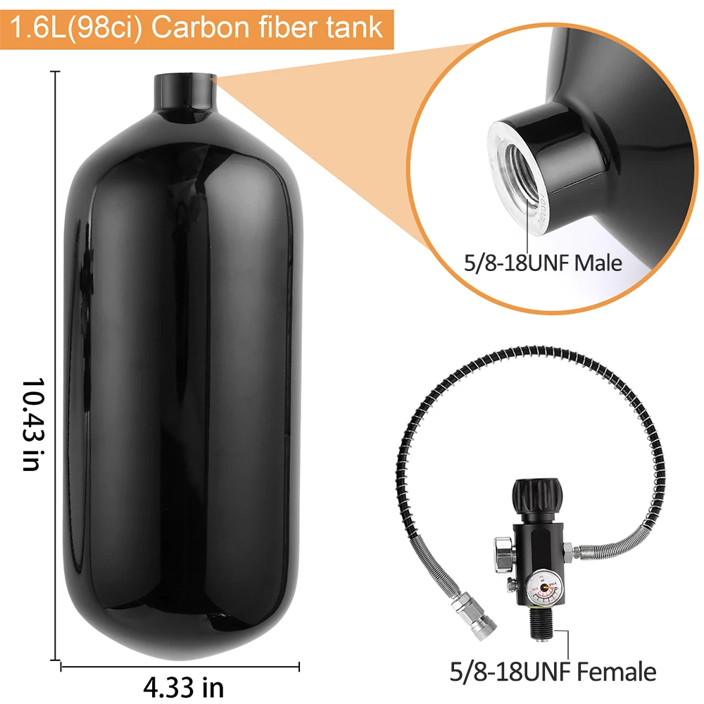 Serbatoio a fondo tondo da 1,6 litri cilindro in fibra di carbonio ad alta pressione HPA Air Bottle Mini Scuba Diving tank per immersioni antincendio