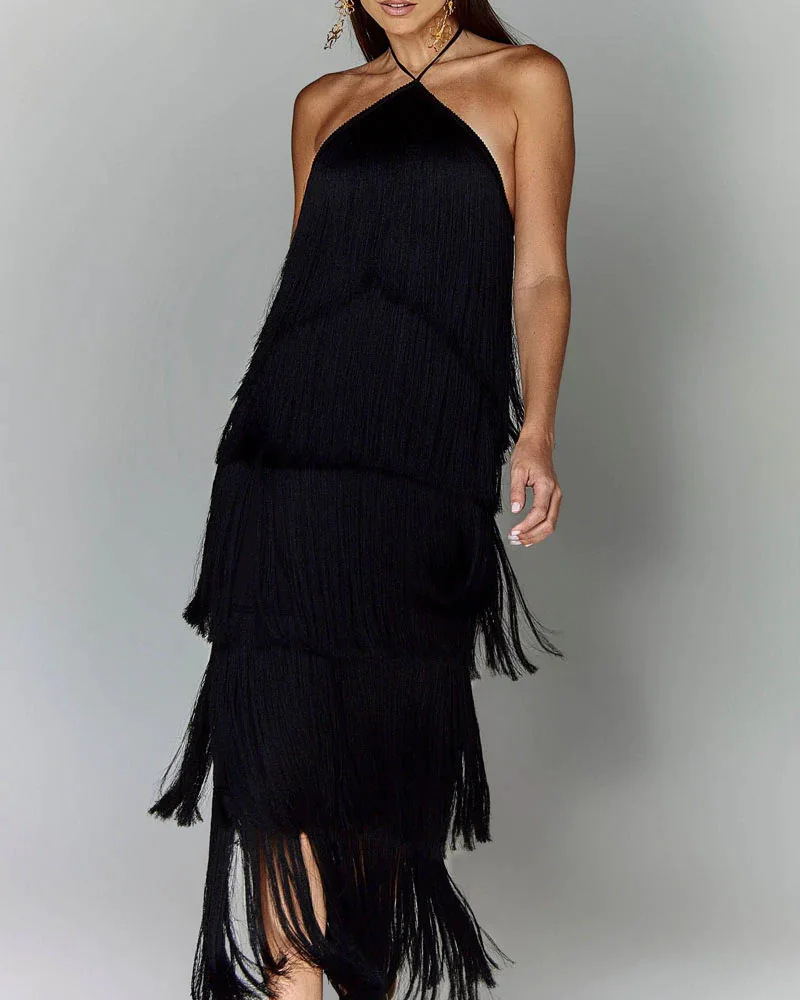 Damen Neckholder-Kleid mit Fransen, Rückenausschnitt und Schlitz, Geburtstagskleid, Abendkleid, Partykleid, Date-Night-Kleid, Elegantes Sexy Langes Kleid, Abendgarderobe – Detail 5