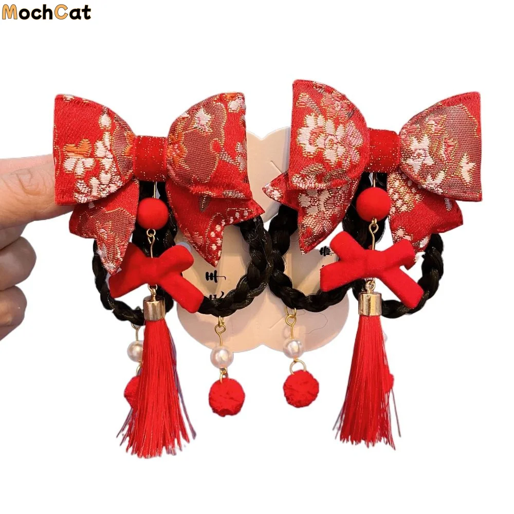 

Древний красный головной убор Hanfu, бархатные новогодние заколки для волос с кисточками в виде кролика, заколки, аксессуары для волос, детская заколка