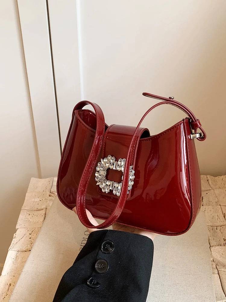 Fashion Lacquer Leather One Shoulder Underarm Bag Solid Color Diamond Button Crossbody Bag For Women Red Wedding Bride Handbag