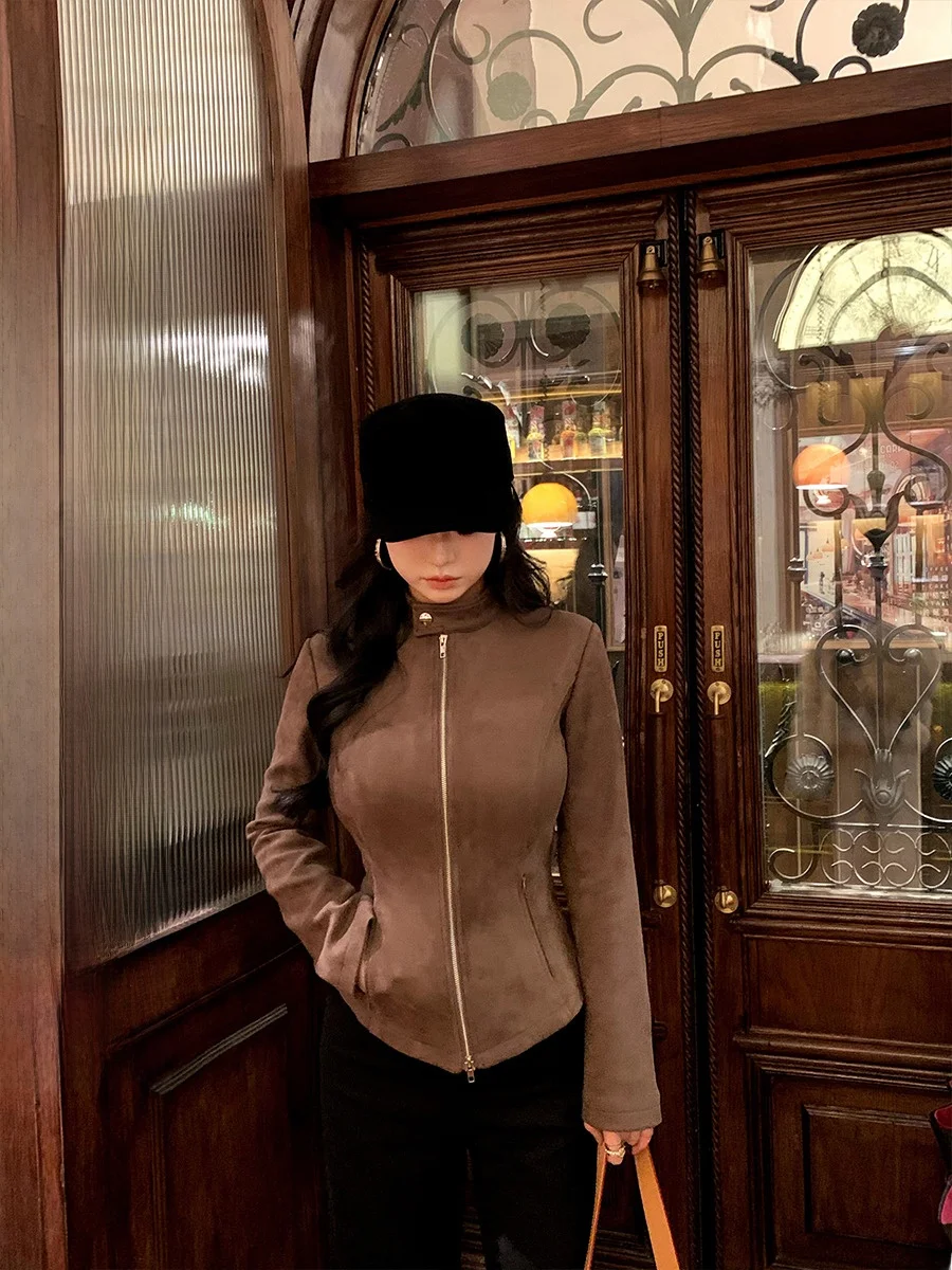 

Sli Plump Small Cherry Modern Cool Retro Suede Jaet Double Zipper Stand Collar Long Sve Outerwear for Young Women