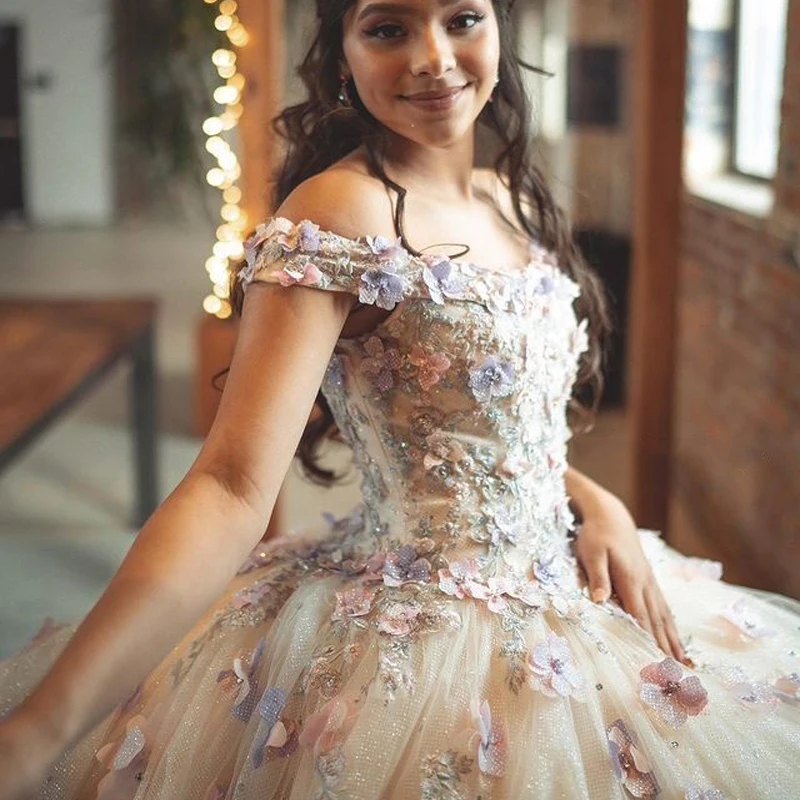 Бальное платье по индивидуальному заказу, платья Quinceanera, милое платье 16, с открытыми плечами и аппликациями, 3D цветы, 15 лет, Vestidos De 15 Anos YQD232