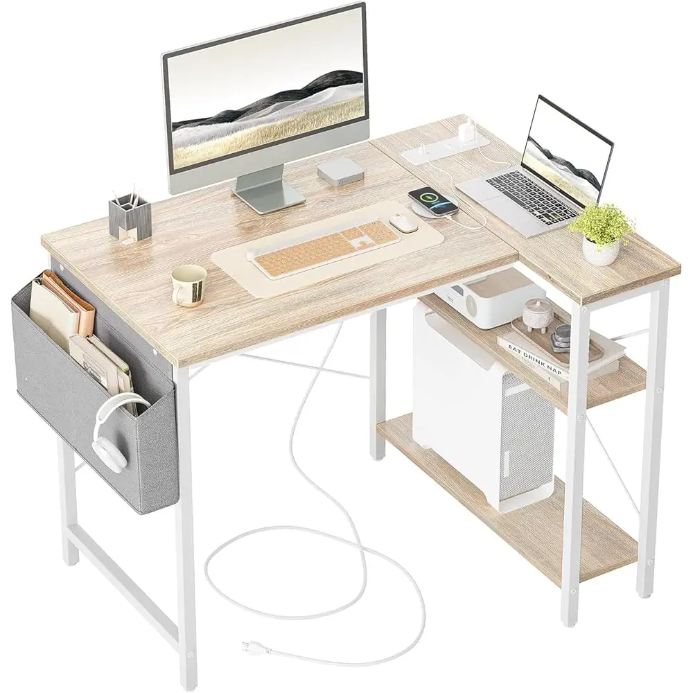 L Shaped Computer Desk With Power Outlets, 47 H Small Corner Desk With Reversible Shelves, Gaming Desk Computer Table Study