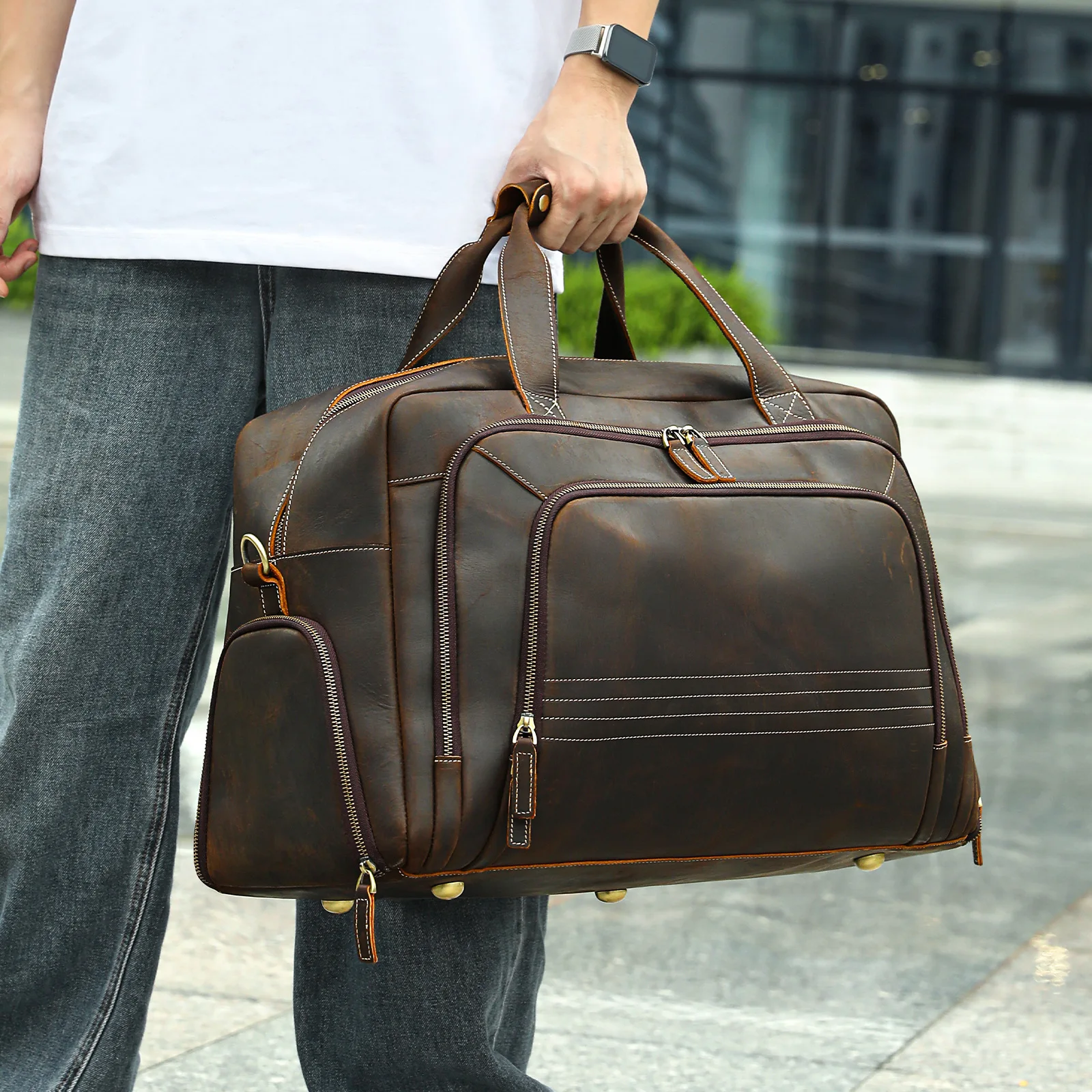 

Large Travel Bag Genuine Leather Vintage Style Luggage Bags Men Male Duffle Bags Travelling Bag Weekender Bags for man