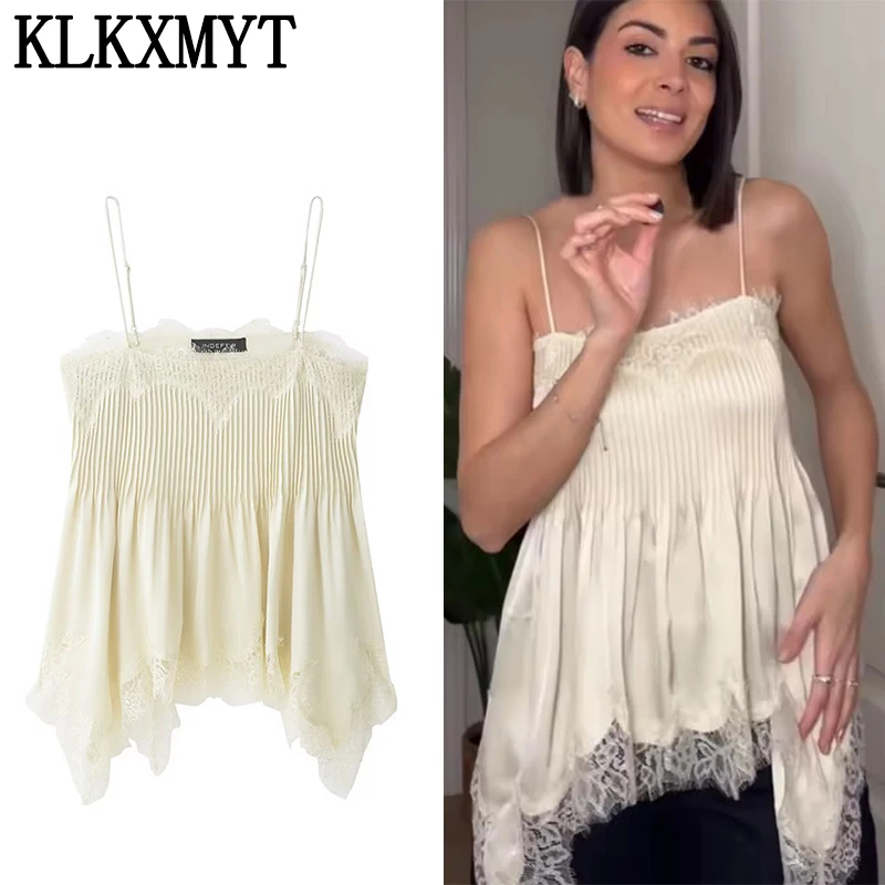 KLKXMYT Schickes, sexy, rückenfreies, süßes Spitzen-Top mit unregelmäßigem Saum im Lingerie-Stil für Damen, Sommermode, elegante Spaghetti-Trägertops