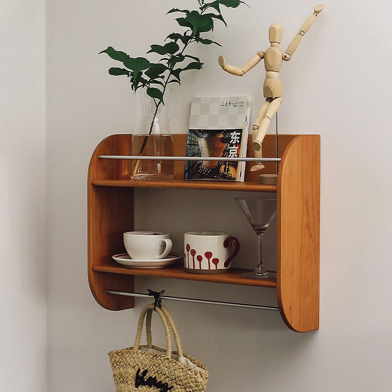

Wall-Mounted Cup Holder Vintage Black Walnut Wood Storage Shelf Living Room Coffee Utensil Organizer Tall Fence Decorative Rack