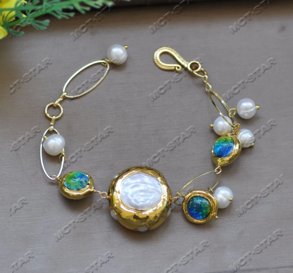 MTC·STAR Z12774 Set White Round Pearl Gold-Plated Bead Blue Murano Glass Necklace Bracelet Earring