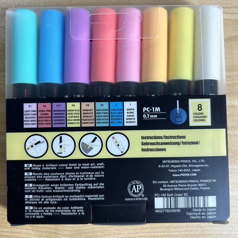 Uni Posca Pen PC-1M 8 Pastel Soft Colours Paint Markers 0.7mm Extra Fine Point 8C Water-Based Acylic Painting Marking Drawing