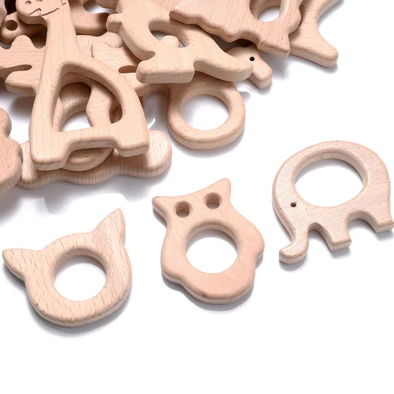 5Pcs/Lot Baby Pacifier Chain Chew Accessories Animal Shape Natural Beech Teething Wooden Teether Pendant Accessories