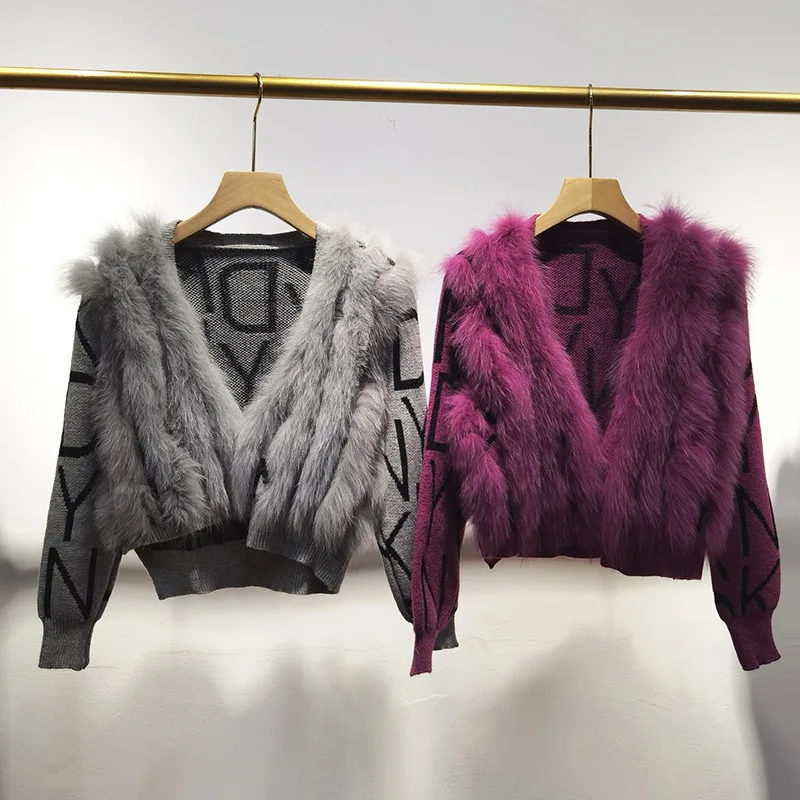 Women Short Knitted Cardigan With Real Fox Fur Autumn Long Sleeve Female Genuine Fur Striped Cardigans Sweater