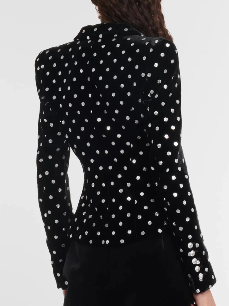 GALCAUR Polka Dots Slim Blazer for Women Notched Collar Long Sleeve Patchwork Diamonds Buttons Velve Coat Female Autumn Clothes