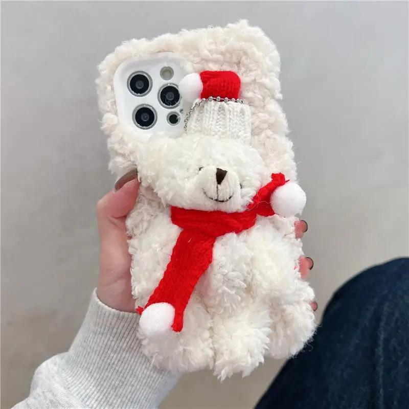 Autumn and Winter Plush Phone Case Cartoon Christmas Bear Apple Anti Drop Women's Trendy Ins Plush Cartoon Pure Handmade Case