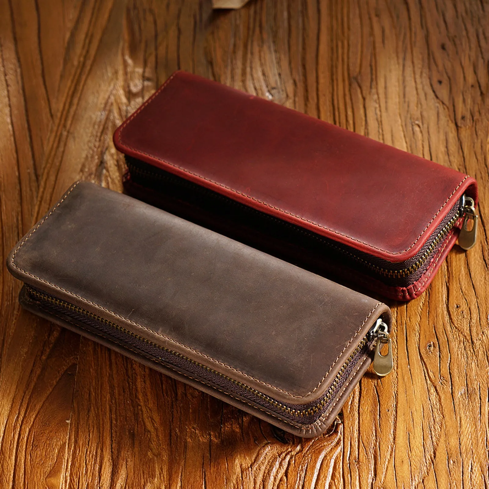 

Genuine Leather Zippered Pencil Bag Large Capacity Pen Holder Case Handmade Stationery Pouch for School Students Office & Travel