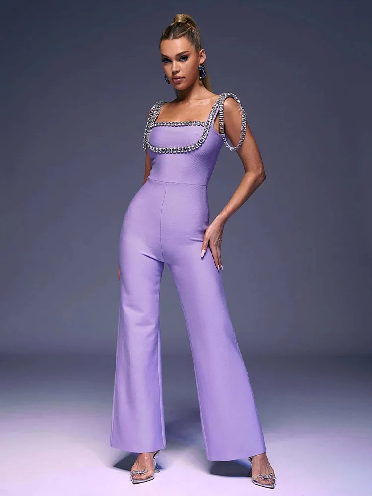 

Violet Elegant Beading Spaghetti Strap Slim Jumpsuit Women Sexy Sleeveless Bandage Bodycon Evening Party Wedding Jumpsuit