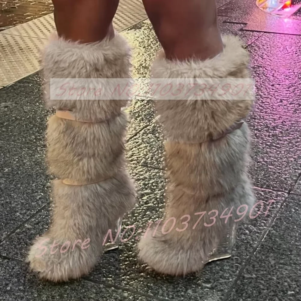 Winter Fur Clear Wedges Knee High Boots Women Fashion Warm Buckle Strap Catwalk Slip-On Boots Ladies Luxury Party Snow Boots