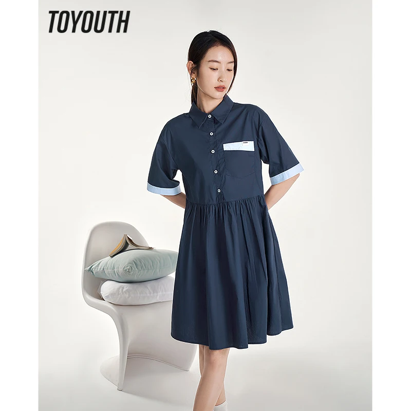 

Toyouth Women Shirt Dress 2023 Summer Short Sleeve Polo Neck with Buttons A-shape High Waist Contrast Color Preppy Style Skirt