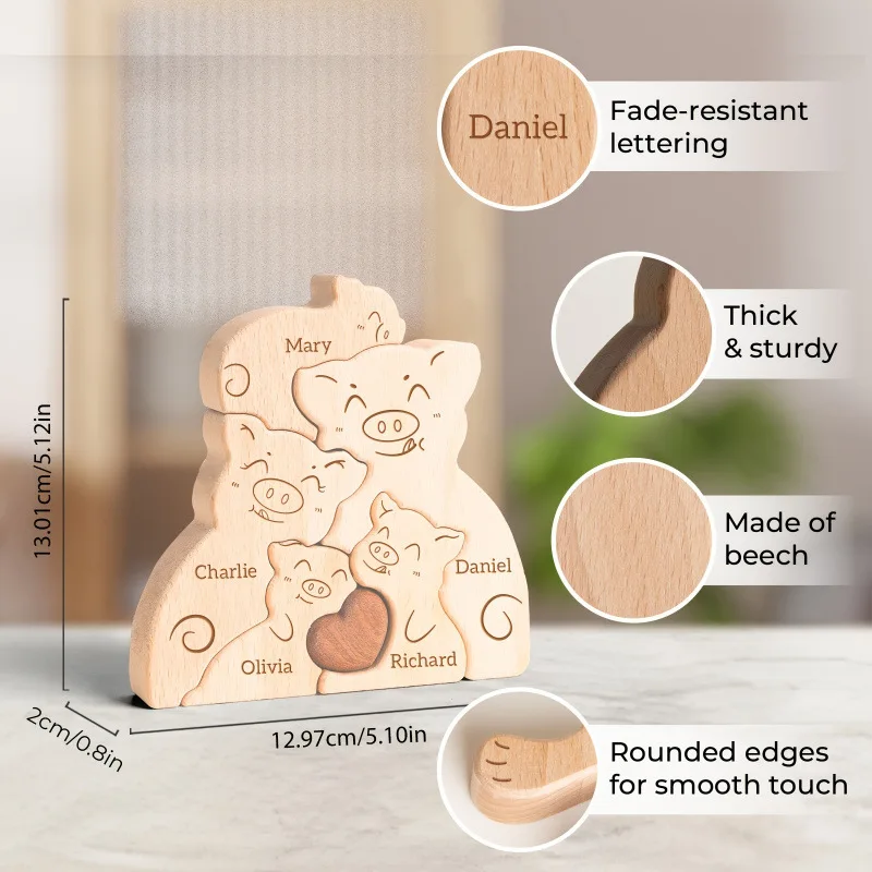 لغز عائلة الخنزير الخشبي المخصص، زينة اسم العائلة المخصصة، هدية خنزير علوية لتزيين المنزل في الذكرى السنوية لعيد الميلاد #3