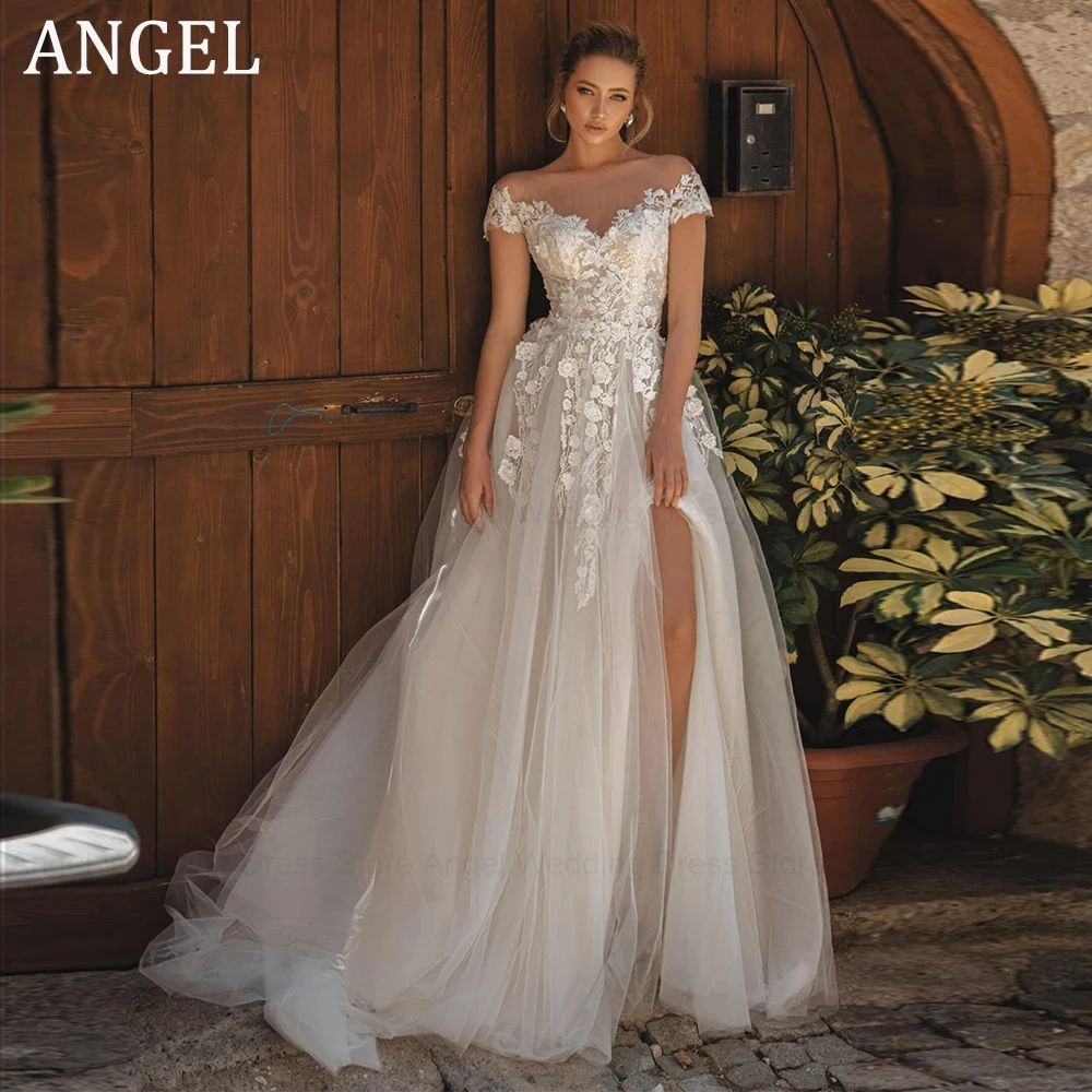 

ANGEL Boho Wedding Dresses For Women 2024 Tulle Lace Applique 3D Flower High Slit Sexy Bridal Robe De Mariée Vestidos Novia