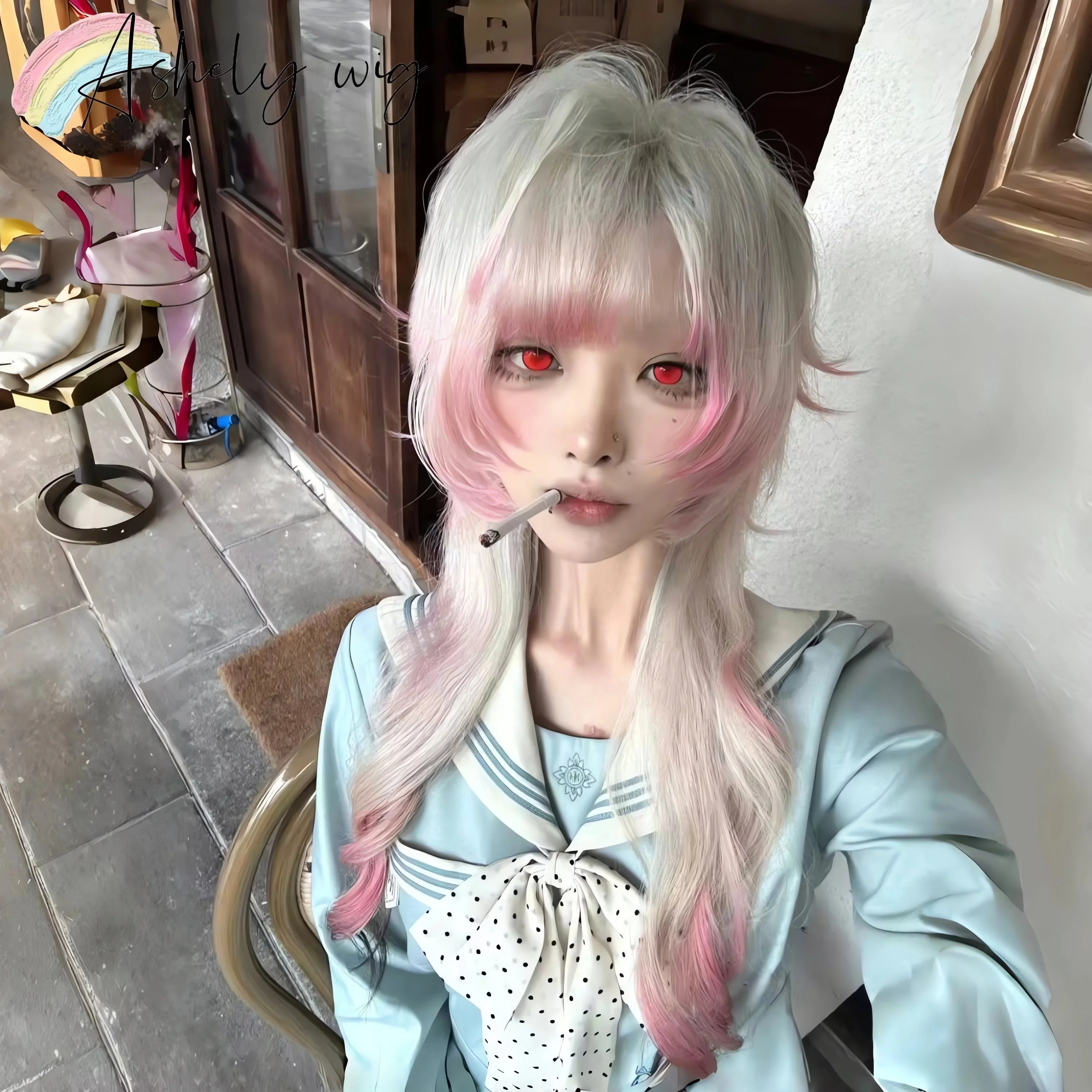 Ashely peruka kobiece różowe i białe podkreśla meduzy długie kręcone włosy Cosplay Y2K wysoki poziom imitacja pałąka na głowę peruka Sissy