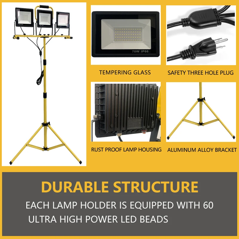 Imagem -04 - Portátil Super Brilhante Três Cabeça Luz de Inundação com Tripé Telescópico Lâmpada de Trabalho Led para Construção Civil 70w