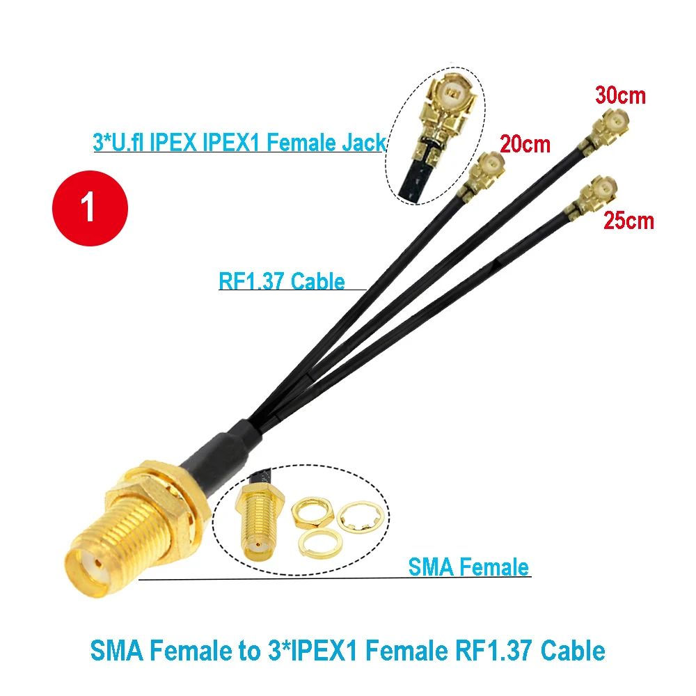 1pcs  SMA Splitter Cable RP-SMA/SMA Female to 3   1 Female 3-Way RF1.37 Pigtail WIFI Antenna Extension Cord Jumpe