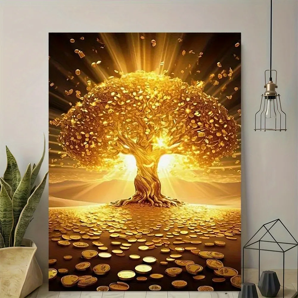 Cuadro en lienzo de árbol de la riqueza dorado con monedas de gloria, diseño retro moderno, impresión de alta calidad, decoración elegante para el hogar y la oficina.