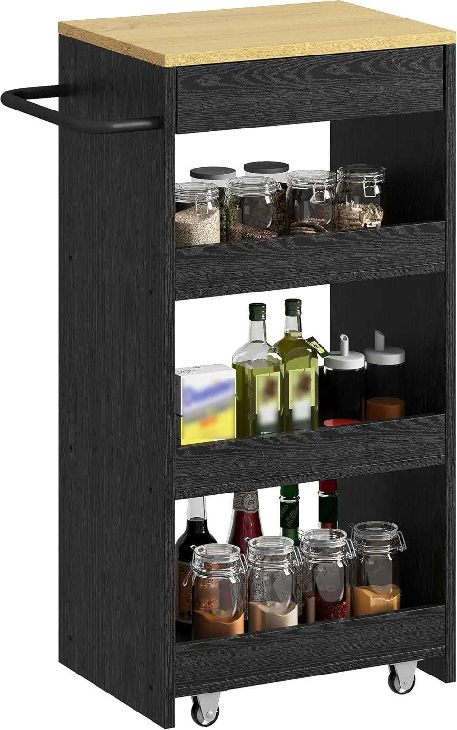 

4-Tier Rolling Kitchen Cart with Drawer and Handle, Slide-Out Utility Organizer for Kitchen, Laundry, Bathroom in Black