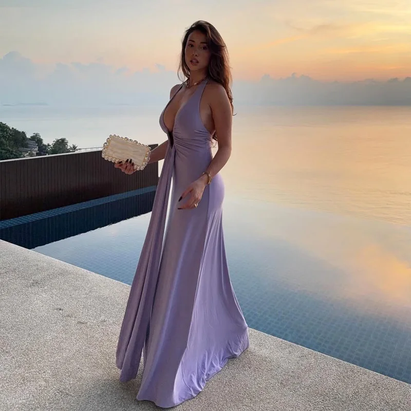 DGLUKE Plunge Halter Neck Maxi Dress Summer Sexy Ruched bodycon Long Dresses For Women Draped Mermaid Evening Dresses Luxury