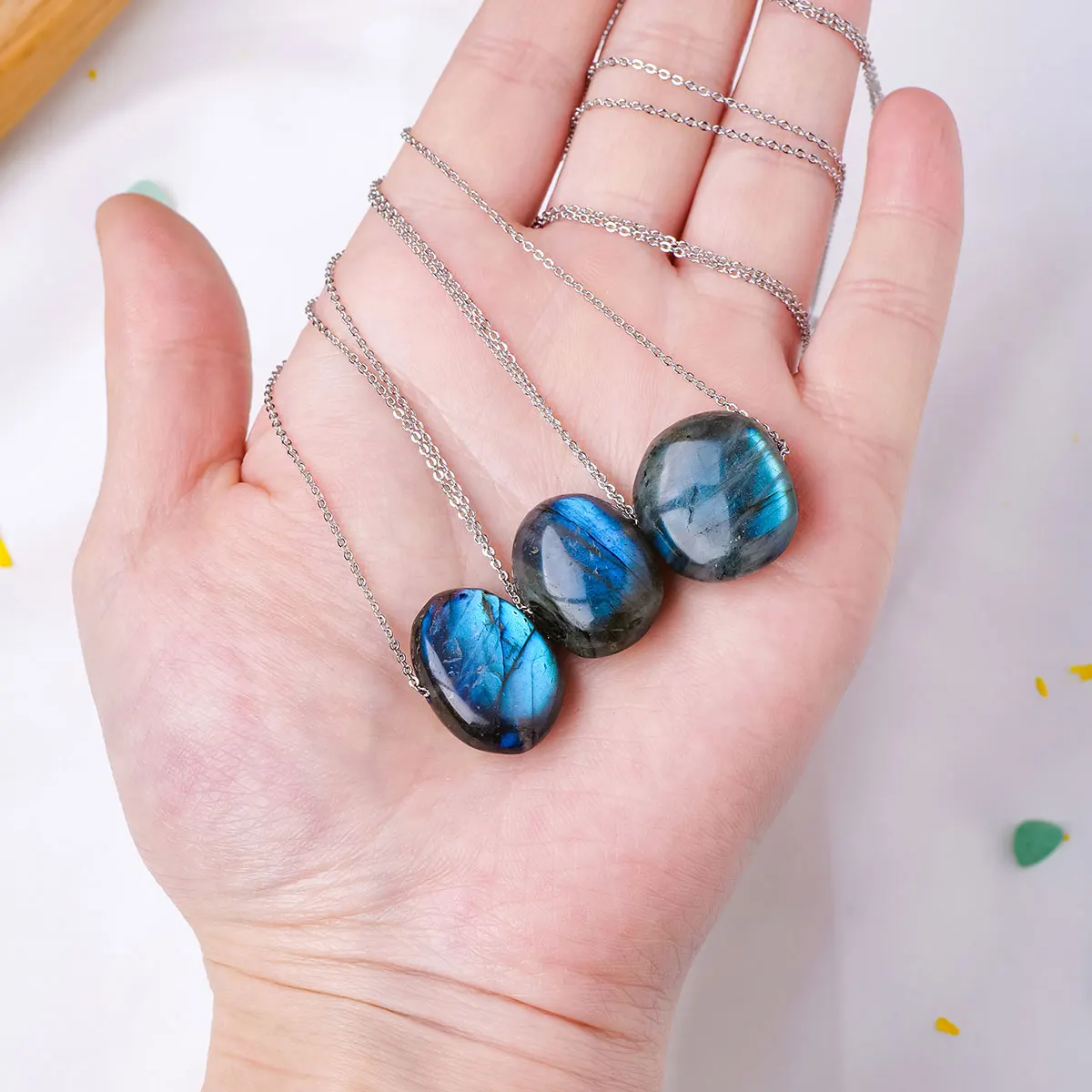 1PC Beautiful Natural Crystal Stone Flowing Blue Light Labradorite Elongated stone shaped Pendant collection gem