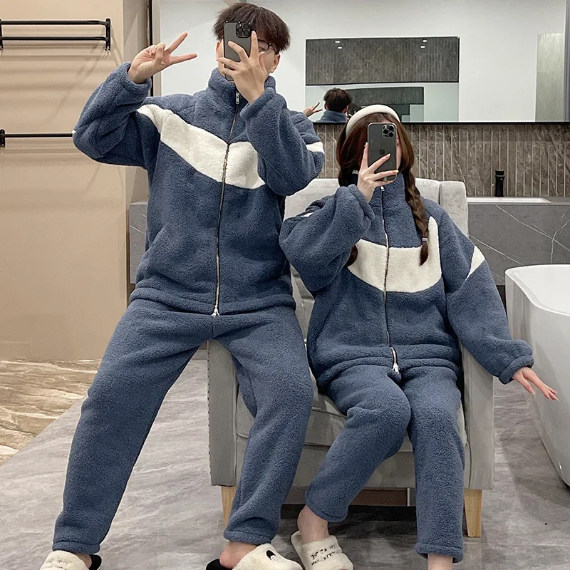 

Winter Thickened Double Layer Flannel Sleepwear Pijamas Suit PLUS SIZE Coral Fleece Couple Pajamas Set Loose HomeWear Loungewear