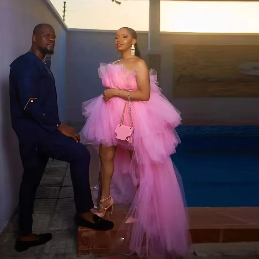 

Формальное платье цвета фуксии для вечеринки с открытыми плечами и оборками на шнуровке, длинные женские платья с высоким и низким вырезом