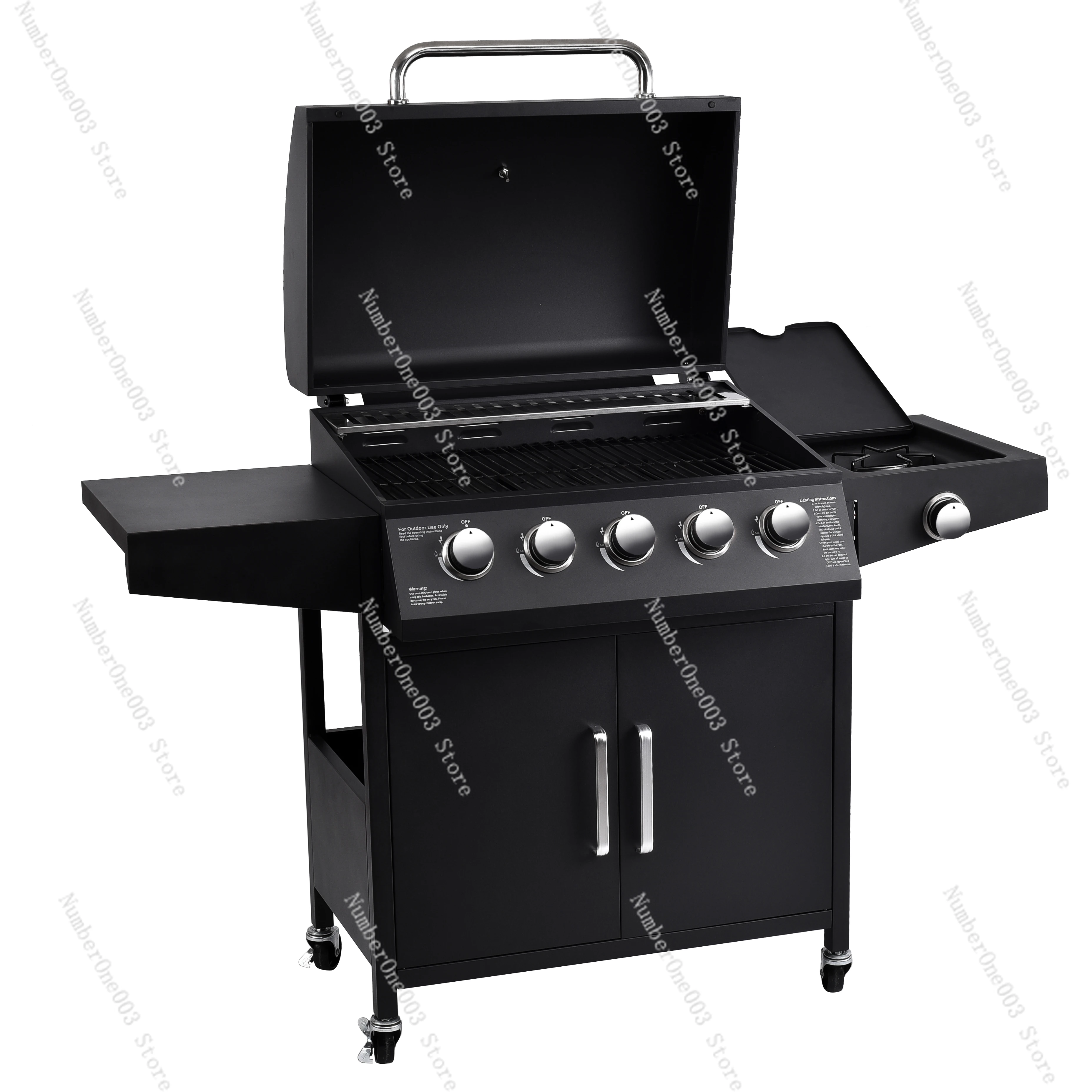 Smokeless Propane Gas Grill for Outdoor Camping, BBQ Cooking Oven, Barbecue Gas Rotisserie, Table Grill with Side Stove, 5 Burne