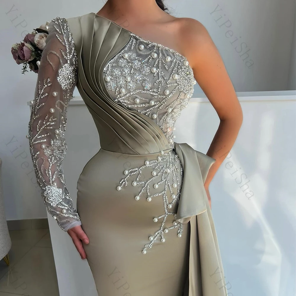 Customized Straight Evening Dresses Floor-length One-shoulder Full Sleeve Fashion Beading Crystal Pleat Simple Draped Party Gown