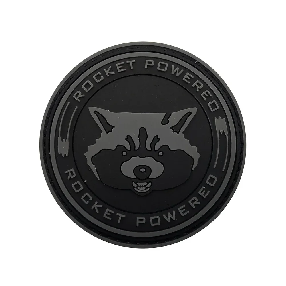 Rocket Powered Cartoon PVC Badge Luminous Raccoon Head Back Rubber Hook and Loop Tactical Patch for Backpack Clothing Stickers