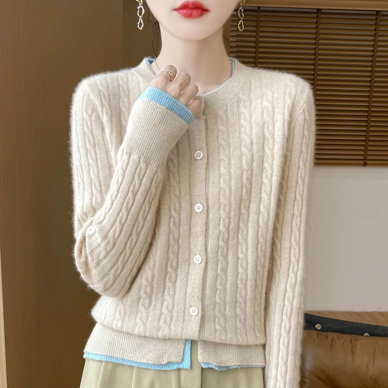 100% Merino Wool Knitted Cardigan Round Neck Color Blocked Fashionable Long Sleeve Elegant Warm Autumn/Winter Jacket Sweater Top