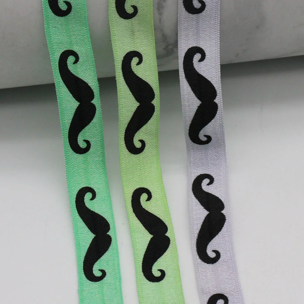 

5/8" 15mm Black Mustache Thin Beard Printed Fold Over Elastic FOE Ribbon For Hairbow Headwear Headband DIY Decoration