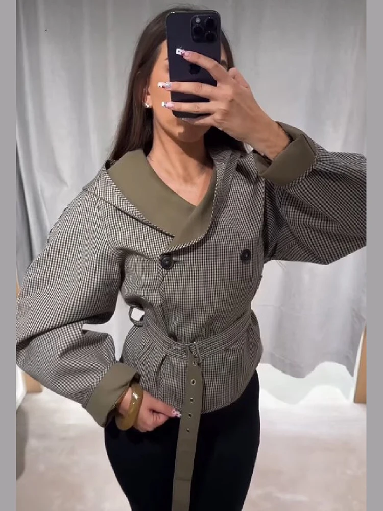 Vintage Checked Hooded Cropped Short Coat Contrast Collar Wrap Front Button Self Tie Waist Outercoat Lady Casual Daily Fall Wear