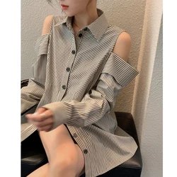 Lazy Style Loose Striped Blouse Spring Autumn Long Sleeve Polo Neck Off Shoulder Korean Shirt Tops Fashion Vintage Women Clothes