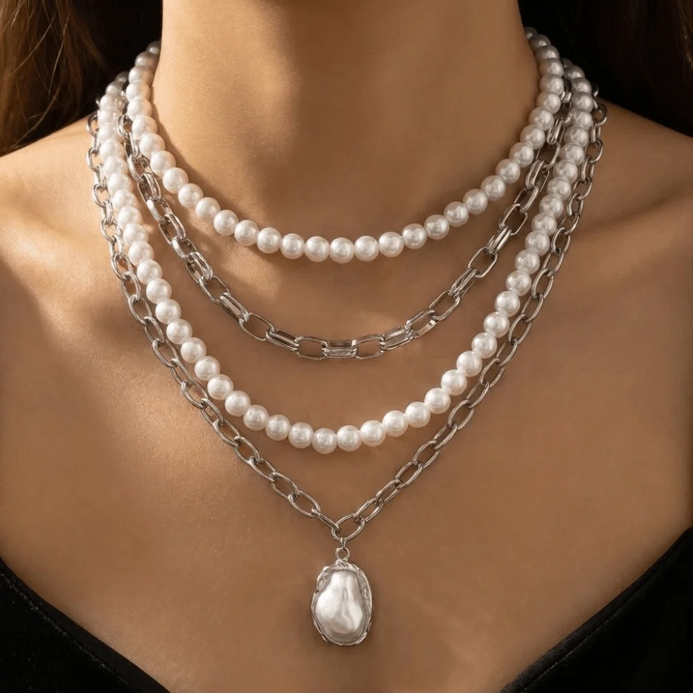 Multi-Layer Stackable Pearl Pendant Necklace Irregular Alloy Paperclip Chain Necklace Link Gold Tone Choker Necklace Vacation