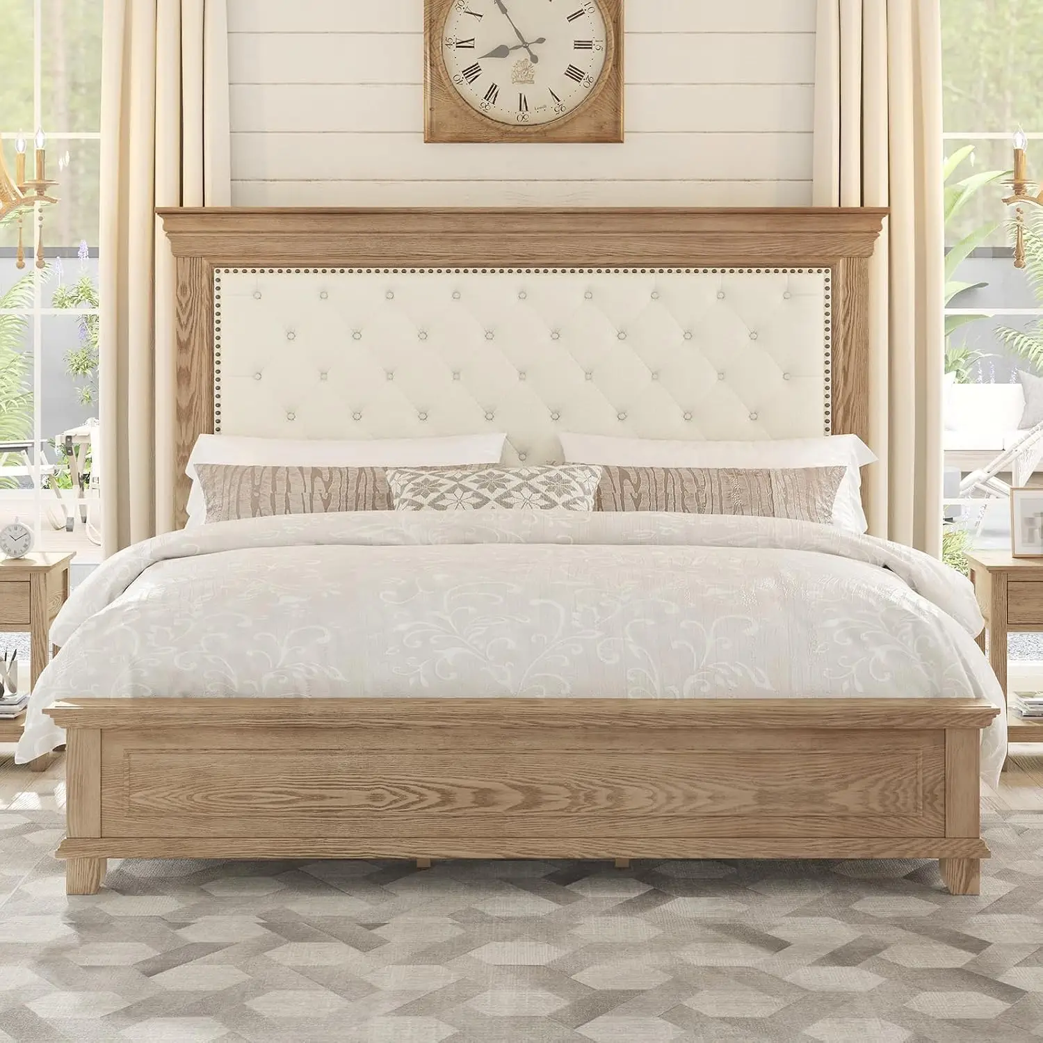 King Size Solid Wood Bed Frame 68" Tall Headboard, Customized