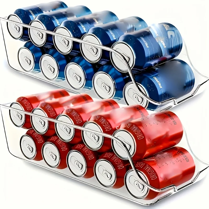 Rolling Soda Can Organizer for Refrigerator, Stackable Clear Drink Dispenser Bin, Gravity Feed Beverage Holder for Fridge