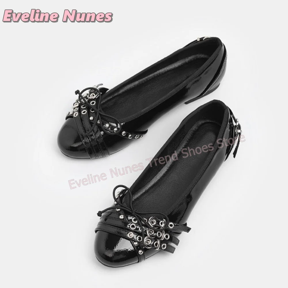 Zapatos Mary Jane de tacón grueso con punta redonda y lazo de encaje metálico, estilo Y2K, de charol liso, sin cordones, para mujer