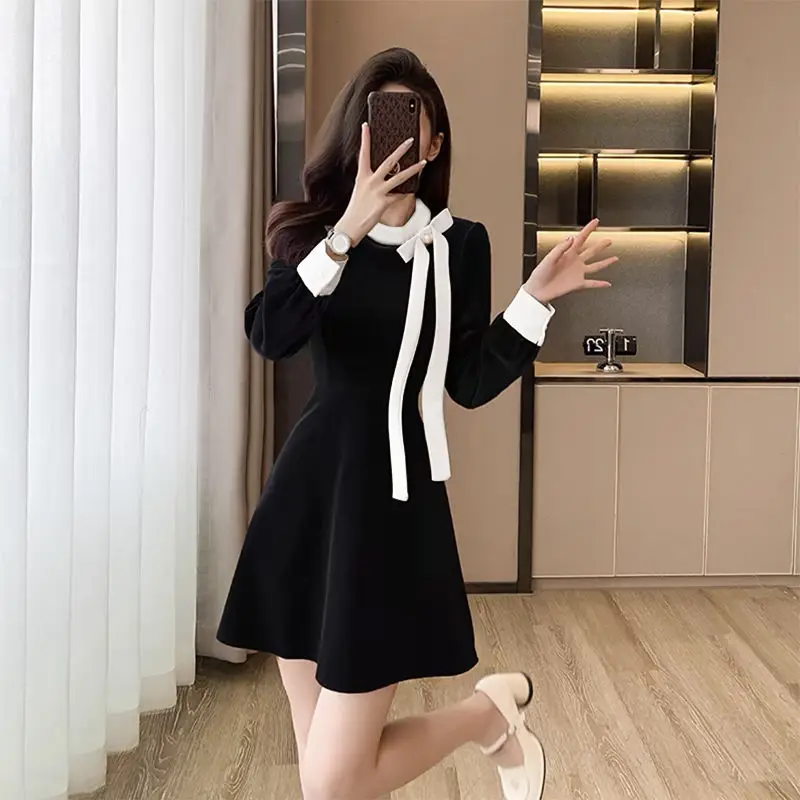 French Senior Dignified Intellectual Generous Lightly Cooked Simple Bow Ribbon A-line Skirt Women's Dress Spring Autumn 2024