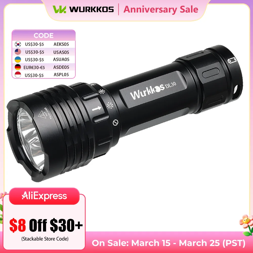 Wurkkos DL30 Professional Diving Flashlight 3600LM Camping Lamp Fishing TN-3535 LED Work Light IPX-8 Magnetic Rotary Switch