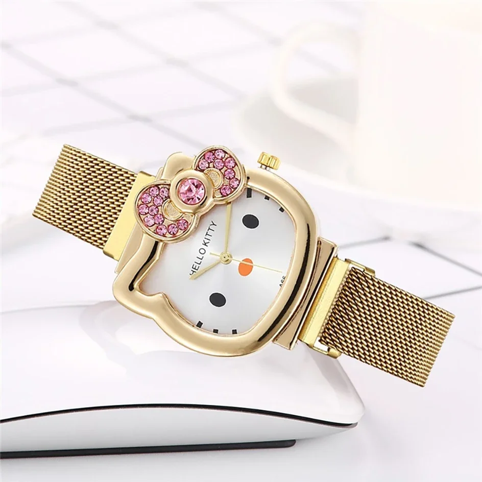 Miniso Anime Cartoon Sanrio Hello Kitty Diamond Bow Students Watch Lovely Girls Stainless Steel Belt Magnet Strap Watch Gifts