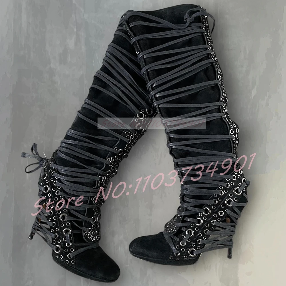 Black Lace Up Multi Eyelets Knee High Boots Women Cross Strap Corset Style Round Toe Stiletto Boots Street Retro High Heels Boot