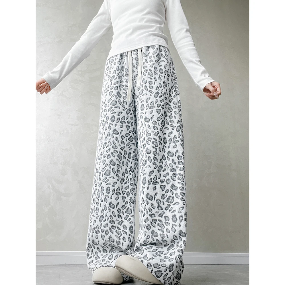 กางเกงขายาวทรงหลวมเอวสูงสำหรับผู้หญิง เนื้อผ้านุ่ม ยืดหยุ่น ใส่สบาย เหมาะสำหรับฤดูใบไม้ร่วงและฤดูหนาว ลายเสือดาว ไซส์พลัส