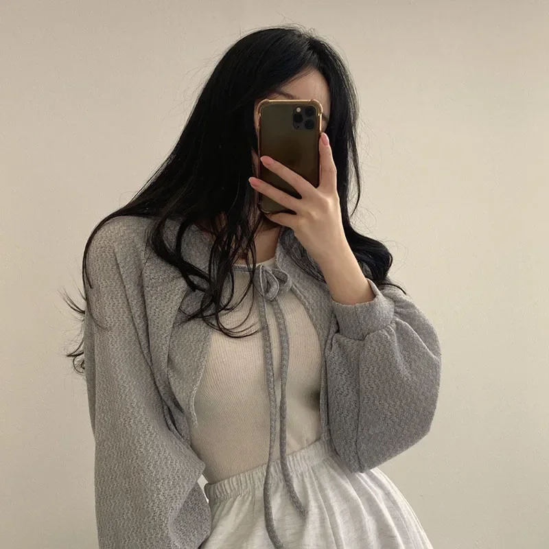 White Knitted Cardigan for Women Summer Thin Sunscreen Lace-Up Knitwear Tops Female Fashion Korean Lantern Sleeve Short Coat