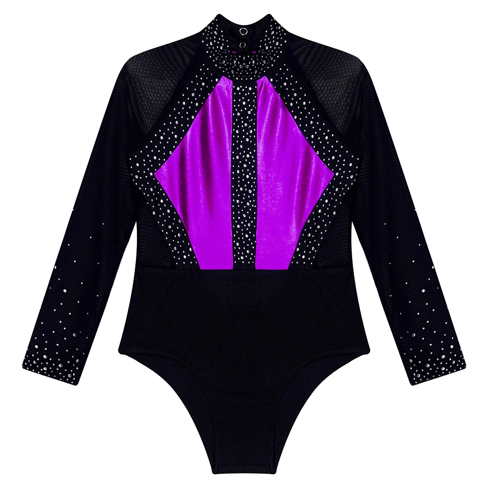 

Kids Girls Gymnastics Figure Skating Leotard Shiny Rhinestones Color Block Patchwork Sheer Mesh Long Sleeve Bodysuit Dancewear