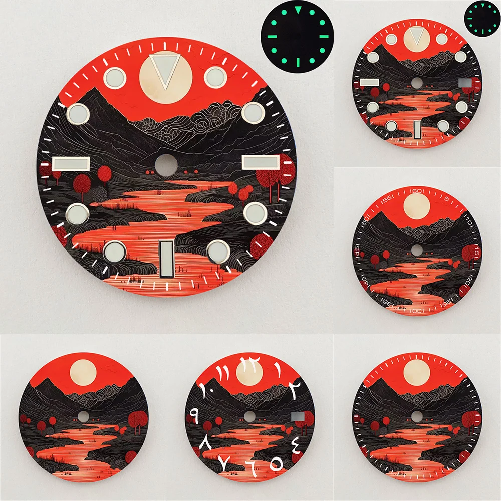 28.5mm NH35 Dial Red Mountain River Landscape Dial Green Luminous Dial Color NH36 Dial Watch Accessories Fits NH35/NH36 Movement